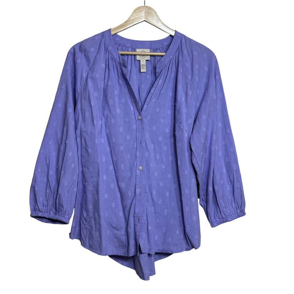St Johns Bay Womens Blouse‎ Purple Textured Dot V Neck Button Up Shirt Size M